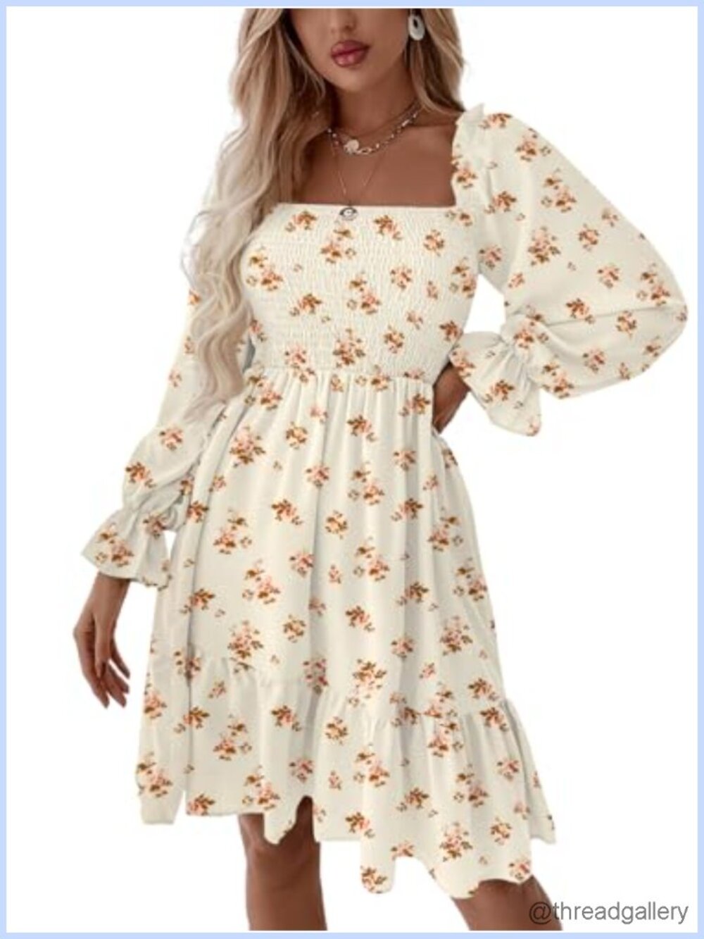 LYANER Women's Shirred Bust Ruffle Hem Long Sleeve Mini Party Dress